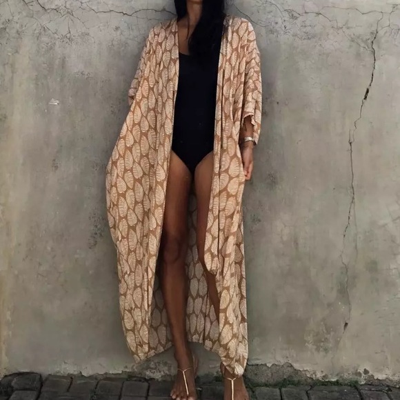 SOLD OUT Bohemian Leaf Pattern Kimono Swim Coverup Wrap Duster Robe - Picture 7 of 9